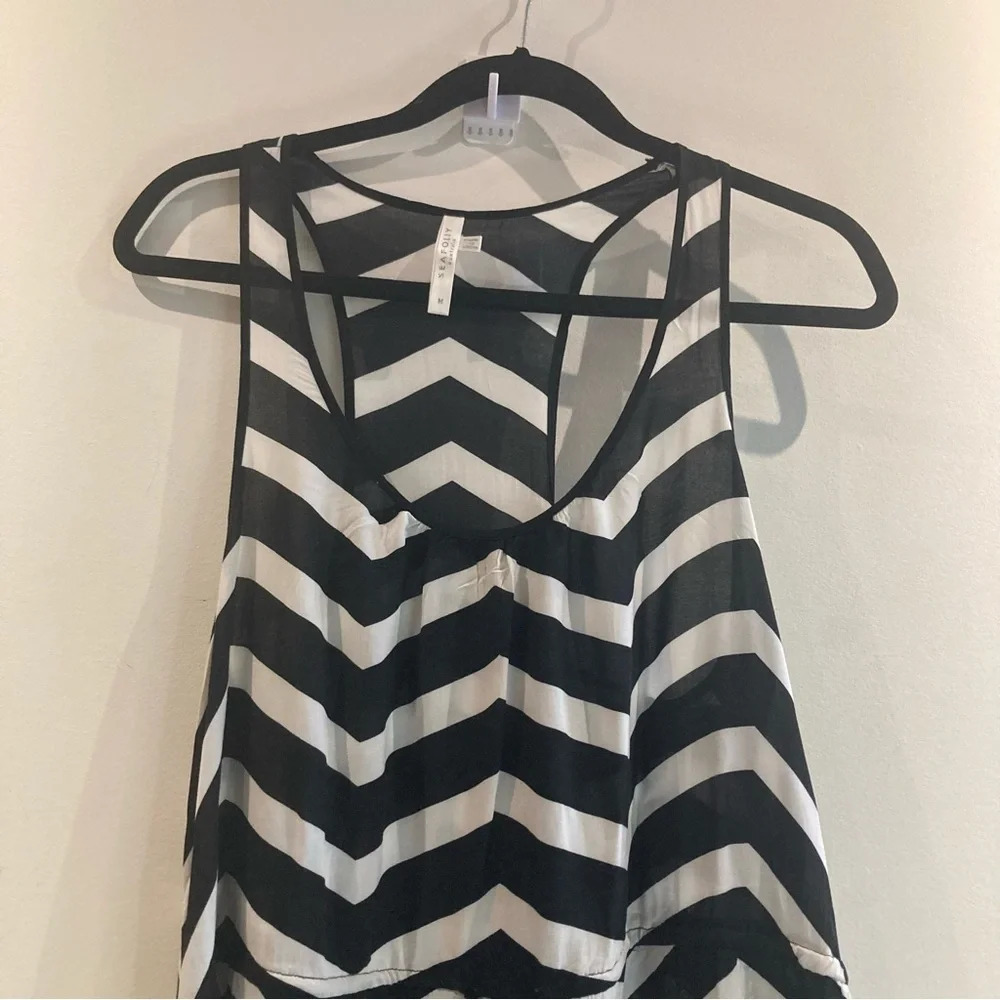SEAFOLLY AUSTRALIA Sz M Chevron Black White Tank Style Drawstring Beach Dress - Picture 2 of 10